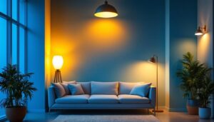 A photograph of a well-lit interior space showcasing a variety of lighting fixtures with a 4000k color temperature