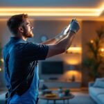 A photograph of a lighting contractor installing led lights in a modern home setting