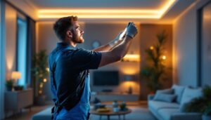 A photograph of a lighting contractor installing led lights in a modern home setting