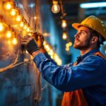 A photograph of a lighting contractor installing amber led lights in a commercial space