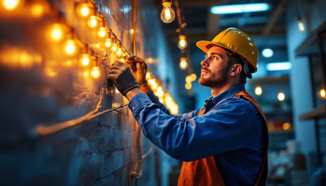 A photograph of a lighting contractor installing amber led lights in a commercial space