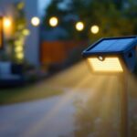 A photograph of a solar motion floodlight illuminating a backyard scene at dusk