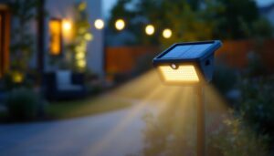 A photograph of a solar motion floodlight illuminating a backyard scene at dusk