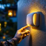 A photograph of a lighting contractor installing an outdoor motion sensor switch in a residential setting