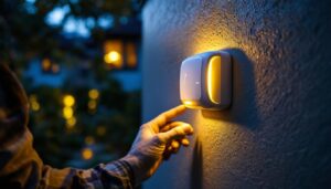 A photograph of a lighting contractor installing an outdoor motion sensor switch in a residential setting