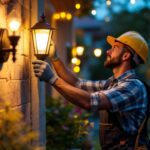 A photograph of a skilled lighting contractor installing an outdoor light fixture in a beautifully landscaped setting