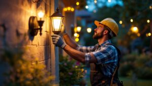 A photograph of a skilled lighting contractor installing an outdoor light fixture in a beautifully landscaped setting