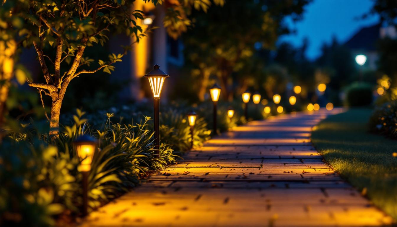 A photograph of a beautifully illuminated solar led walkway at dusk