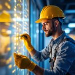 A photograph of a lighting contractor in action