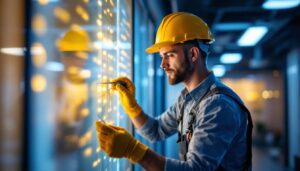 A photograph of a lighting contractor in action