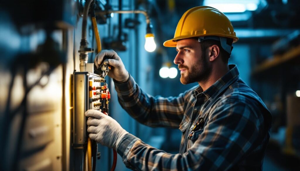 A photograph of a skilled lighting contractor in action