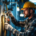 A photograph of a skilled lighting contractor in action
