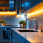 A photograph of capture a photograph of a modern kitchen showcasing sleek led under cabinet light strips illuminating the countertop