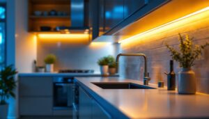 A photograph of capture a photograph of a modern kitchen showcasing sleek led under cabinet light strips illuminating the countertop