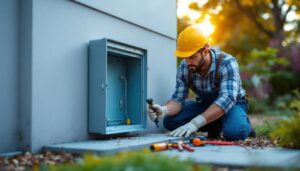 A photograph of a lighting contractor installing or inspecting an outdoor electric box cover in a landscaped outdoor setting