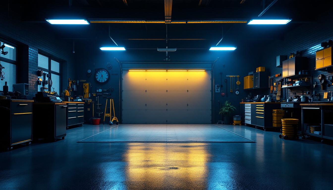 A photograph of a well-lit garage showcasing bright