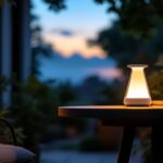 A photograph of a beautifully designed solar table lamp illuminated at dusk