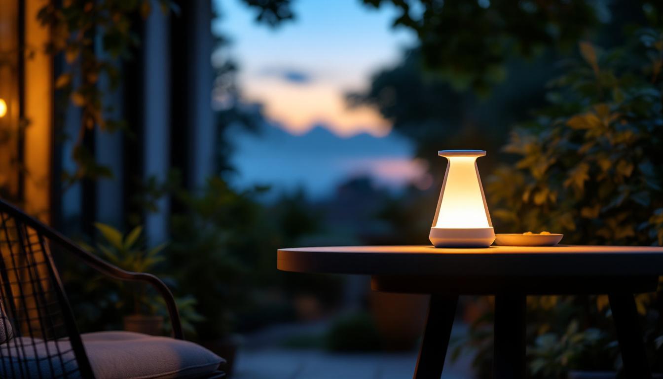 A photograph of a beautifully designed solar table lamp illuminated at dusk