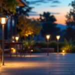 A photograph of a beautifully illuminated outdoor space featuring a variety of stylish solar outdoor lamps in use