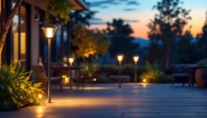 A photograph of a beautifully illuminated outdoor space featuring a variety of stylish solar outdoor lamps in use