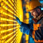A photograph of a lighting contractor working with ballast led installations