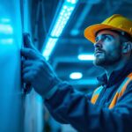 A photograph of a lighting contractor inspecting a uv light installation in a commercial space