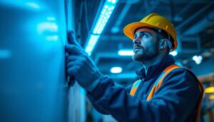A photograph of a lighting contractor inspecting a uv light installation in a commercial space