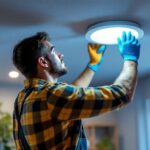 A photograph of a lighting contractor expertly installing a sleek led downlight in a modern ceiling