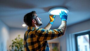 A photograph of a lighting contractor expertly installing a sleek led downlight in a modern ceiling