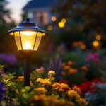 A photograph of a well-lit solar-powered yard lamp post in a beautifully landscaped garden