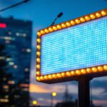 A photograph of a vibrant outdoor sign illuminated by led lighting at dusk