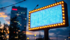 A photograph of a vibrant outdoor sign illuminated by led lighting at dusk