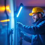 A photograph of a lighting contractor in action