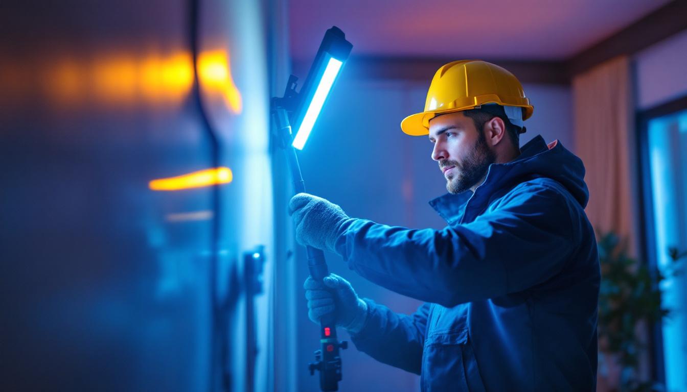 A photograph of a lighting contractor in action