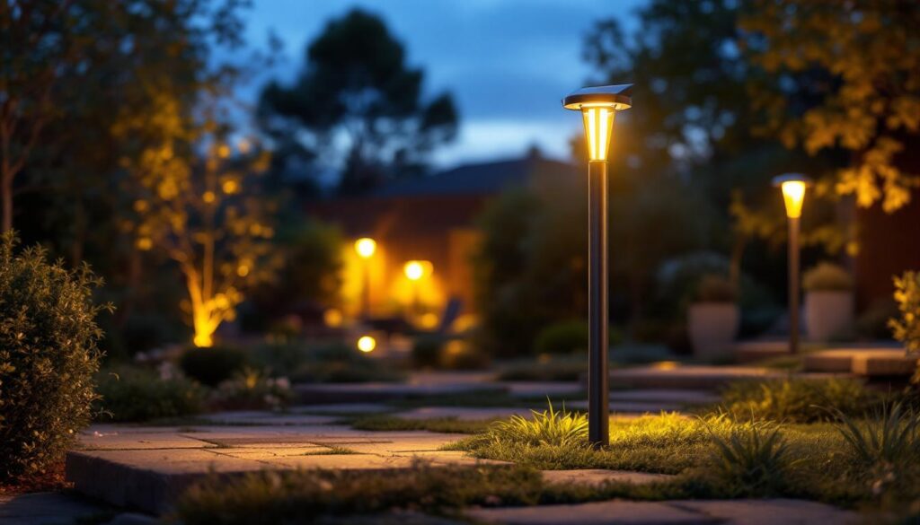 A photograph of a beautifully illuminated solar led lamp post in a landscaped outdoor setting