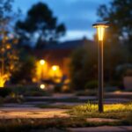 A photograph of a beautifully illuminated solar led lamp post in a landscaped outdoor setting
