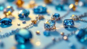 A photograph of a beautifully arranged display of various jewelry pieces under soft