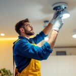 A photograph of a lighting contractor expertly installing general electric led fixtures in a modern residential or commercial setting