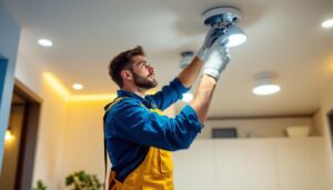 A photograph of a lighting contractor expertly installing general electric led fixtures in a modern residential or commercial setting