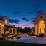 A photograph of a beautifully illuminated outdoor space at dusk