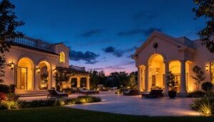A photograph of a beautifully illuminated outdoor space at dusk