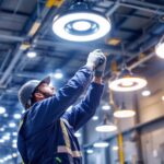 A photograph of a well-lit industrial space showcasing high bay ufo lights in action