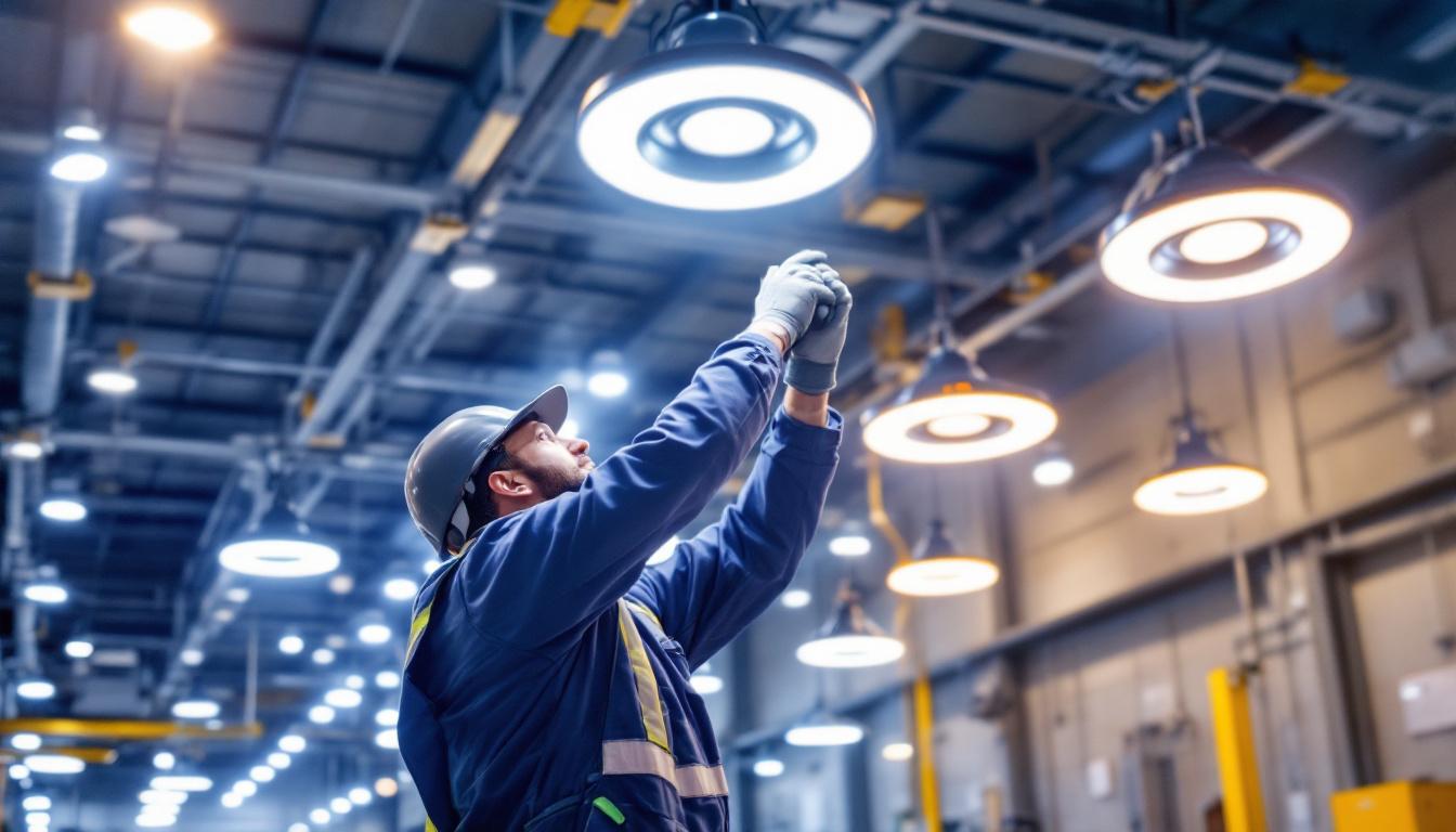 A photograph of a well-lit industrial space showcasing high bay ufo lights in action