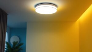 A photograph of a stylish flush mount led ceiling light fixture installed in a modern interior setting