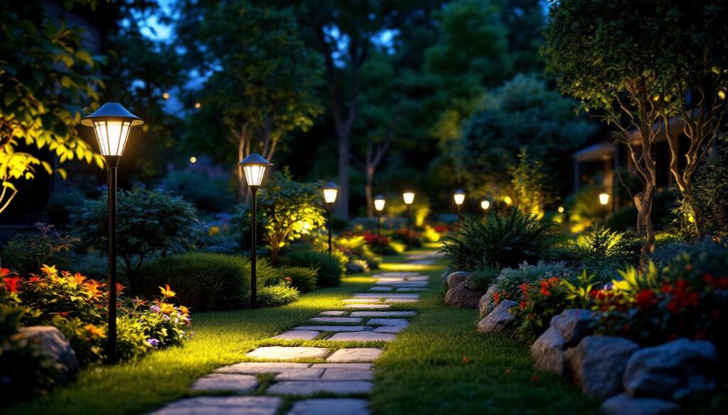 A photograph of a beautifully illuminated garden at dusk