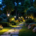 A photograph of a beautifully illuminated garden at dusk
