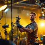A photograph of a lighting contractor expertly installing a cable gripper in a dynamic work environment