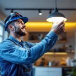 A photograph of a lighting contractor installing or showcasing canned led lights in a modern residential or commercial space