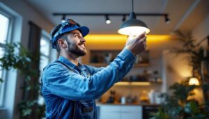 A photograph of a lighting contractor installing or showcasing canned led lights in a modern residential or commercial space
