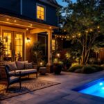 A photograph of a beautifully illuminated outdoor patio at dusk